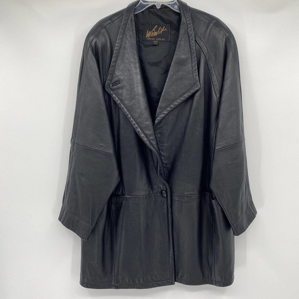 Vintage Winlit Mens Leather Coat Jacket Size 3X Black One-Button Mid-Length
